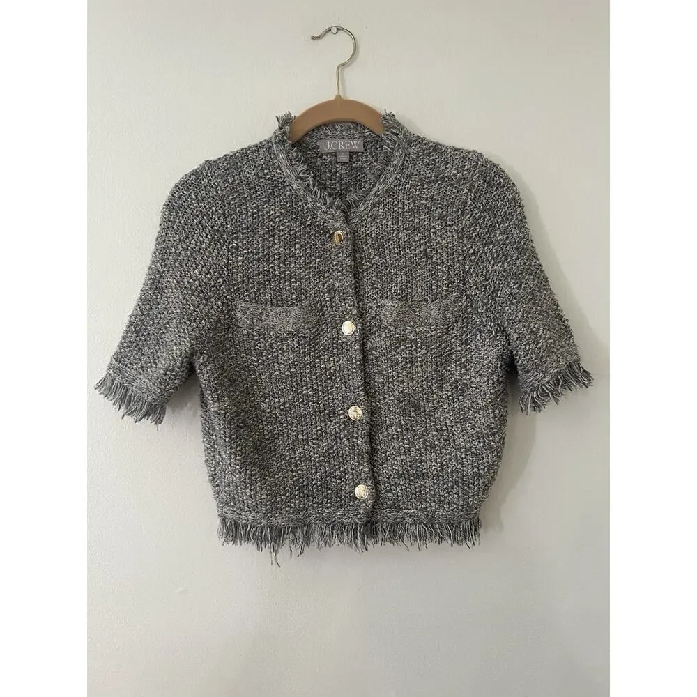 J CREW Cropped fringe trim lady jacket short sleeve cardigan Gray size xs